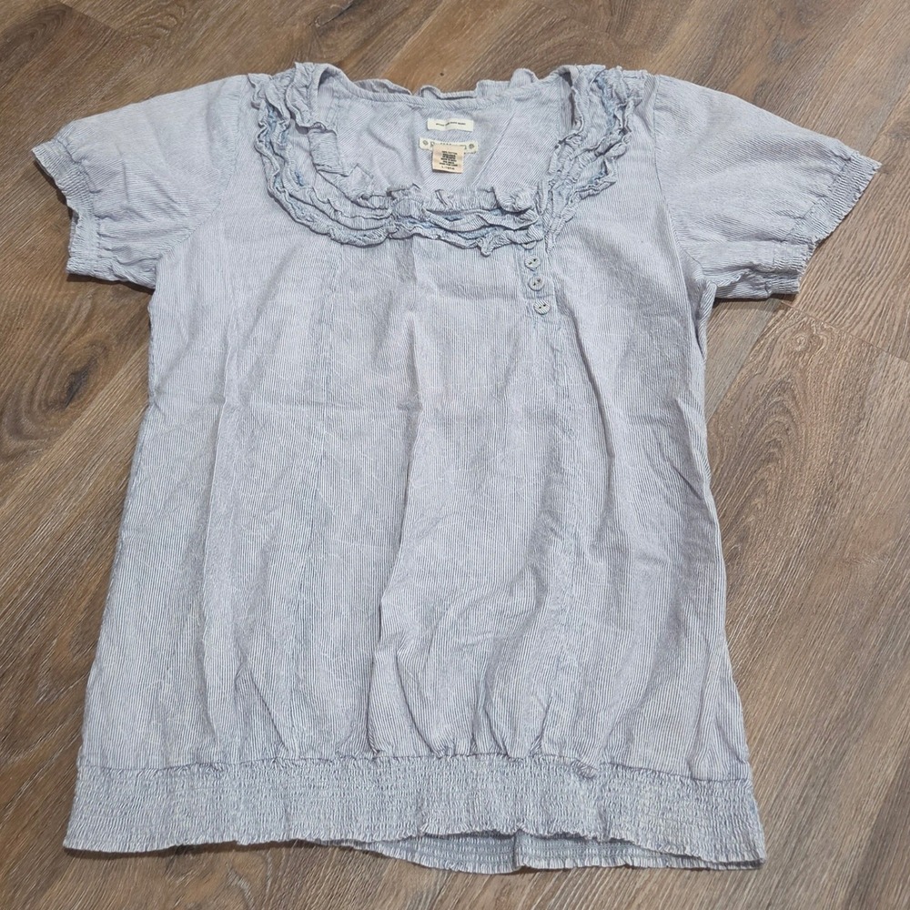RuffHewn Blue White Pinstripe Ruffle Neck Smocked Hem Cotton Blouse Top Large